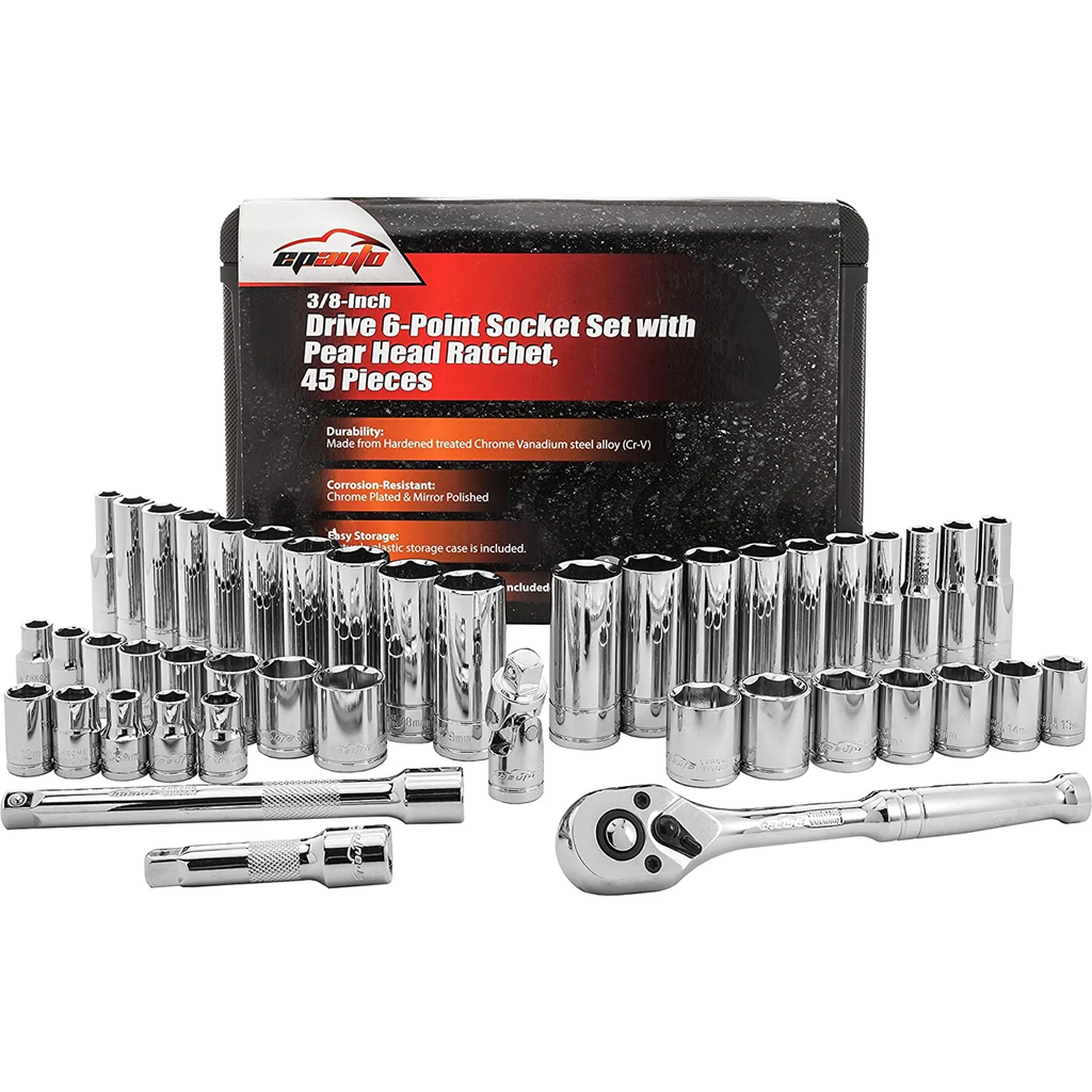 [GENERIC-Socket45] 45 Pieces 3/8" Drive Socket Set with Pear Head Ratchet