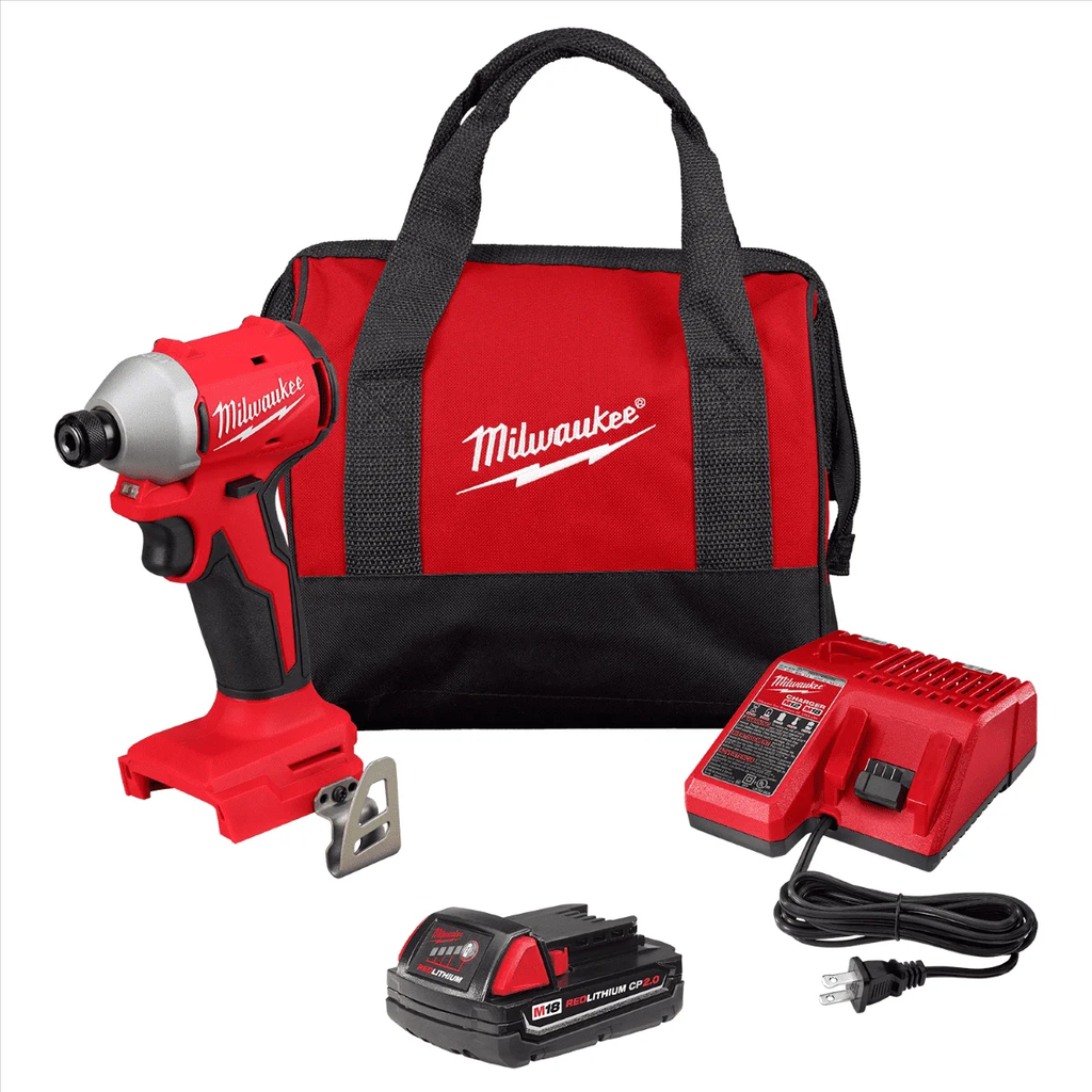 [MIL-3650-21P] Milwaukee  3650-21P M18 18-Volt Lithium-Ion Compact Brushless Cordless 1/4 in. Impact Driver Kit w/ 2.0 Ah Battery, Charger & Tool Bag